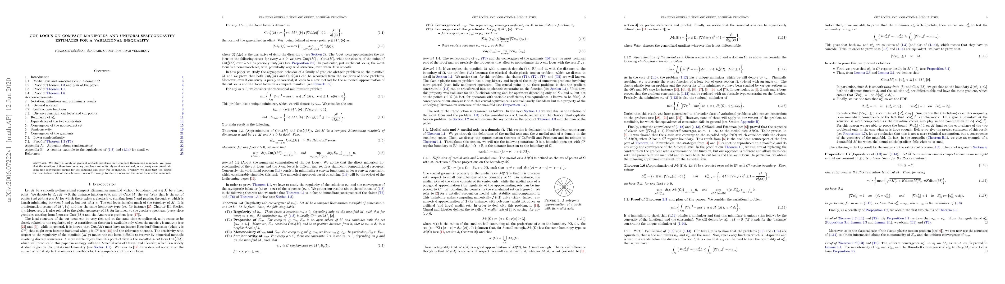 Thumbnail for Cut locus on compact manifolds and uniform semiconcavity estimates for a
  variational inequality