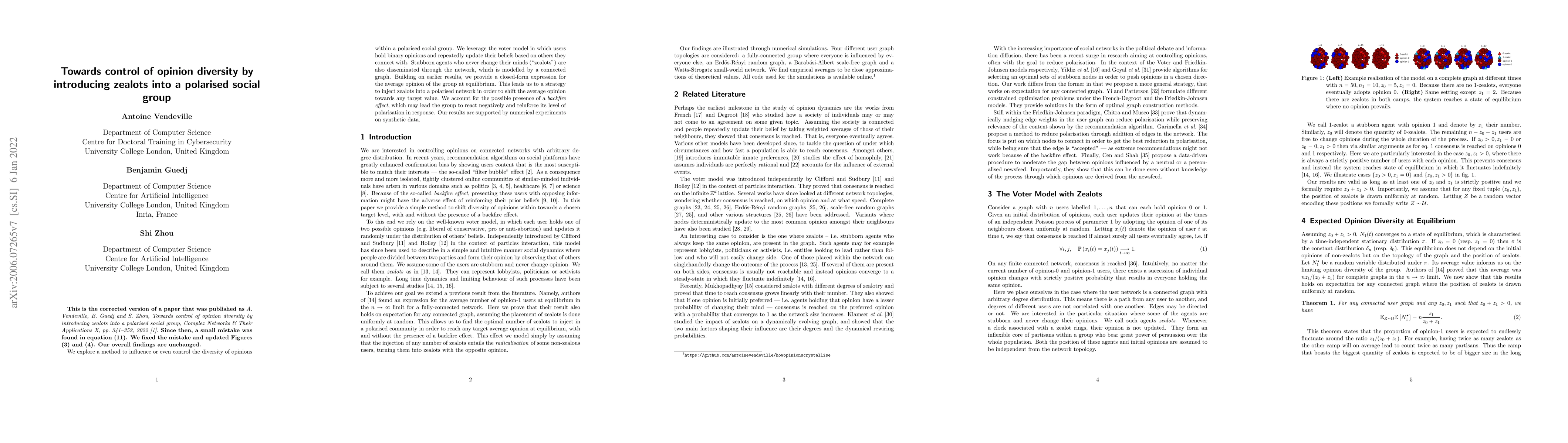 Thumbnail for Towards control of opinion diversity by introducing zealots into a
  polarised social group