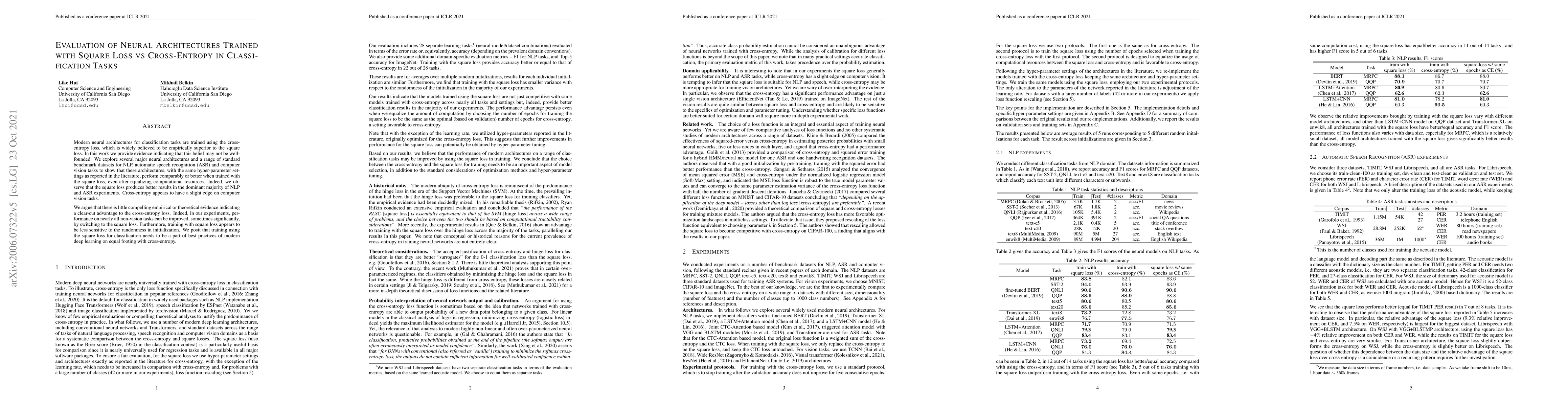 Thumbnail for Evaluation of Neural Architectures Trained with Square Loss vs
  Cross-Entropy in Classification Tasks