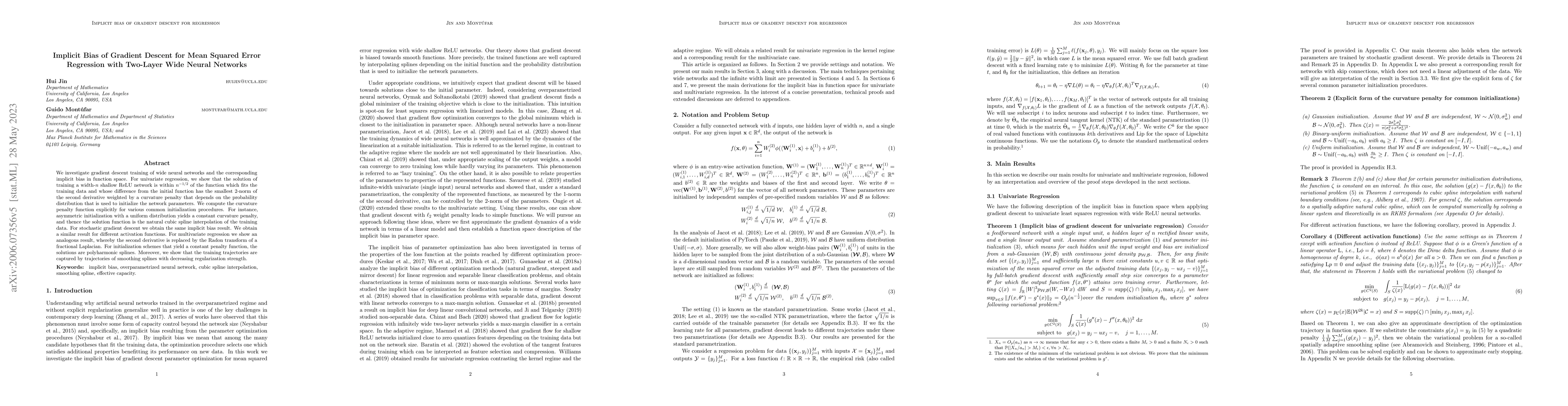 Thumbnail for Implicit Bias of Gradient Descent for Mean Squared Error Regression with
  Two-Layer Wide Neural Networks