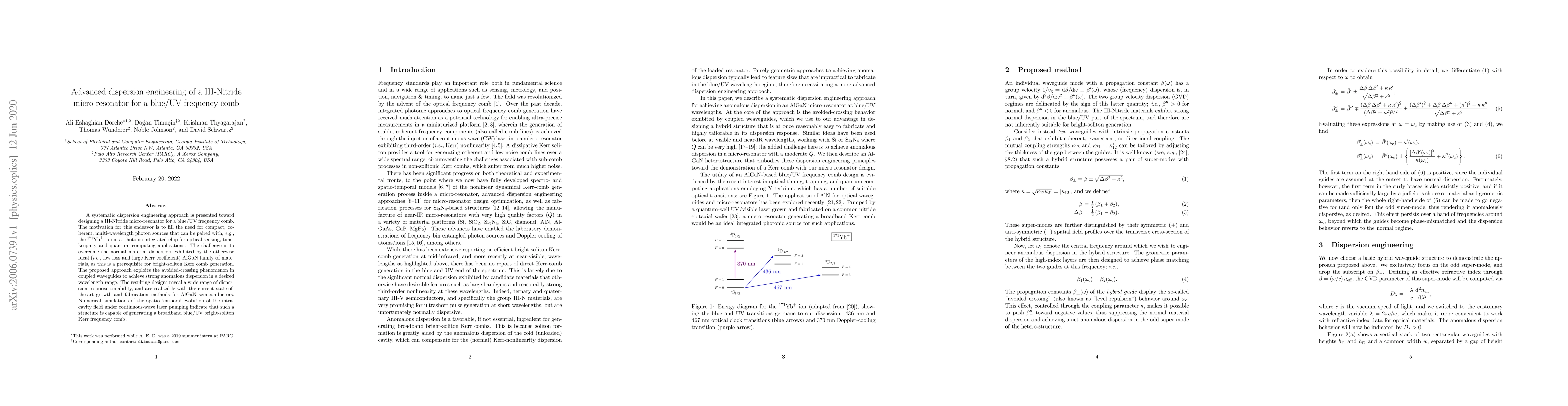 Thumbnail for Advanced dispersion engineering of a III-Nitride micro-resonator for a
  blue/UV frequency comb