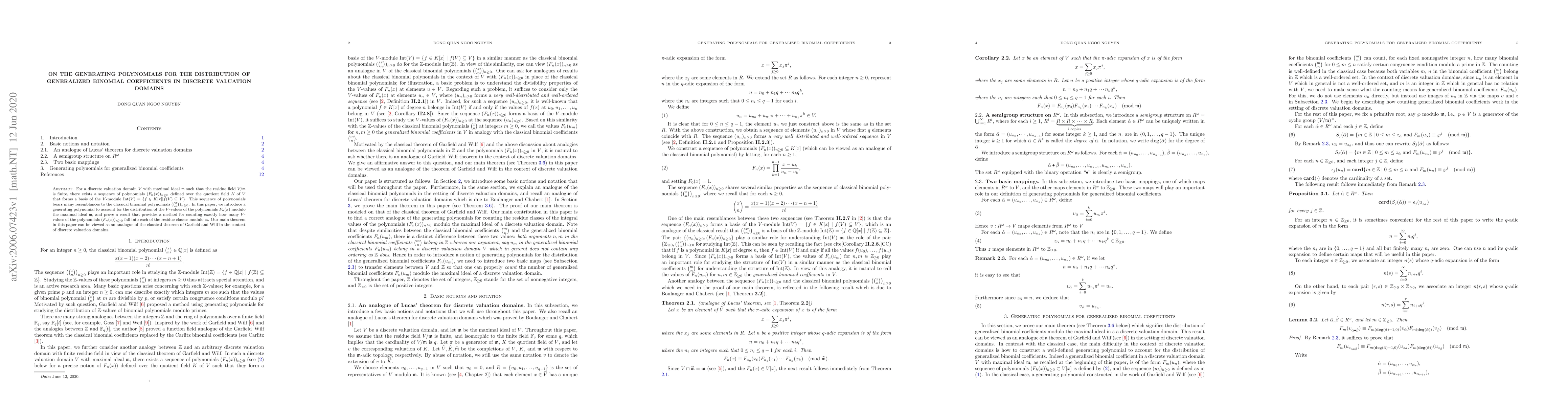 Thumbnail for On the generating polynomials for the distribution of generalized
  binomial coefficients in discrete valuation domains