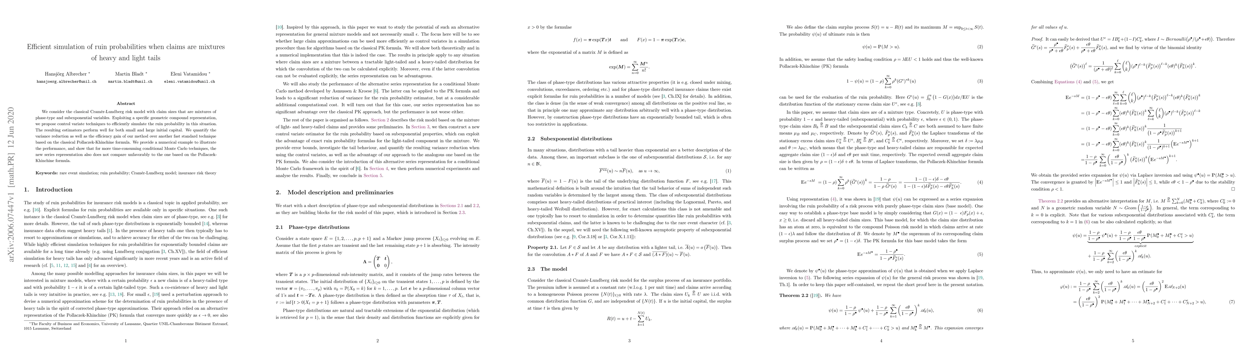 Thumbnail for Efficient simulation of ruin probabilities when claims are mixtures of
  heavy and light tails