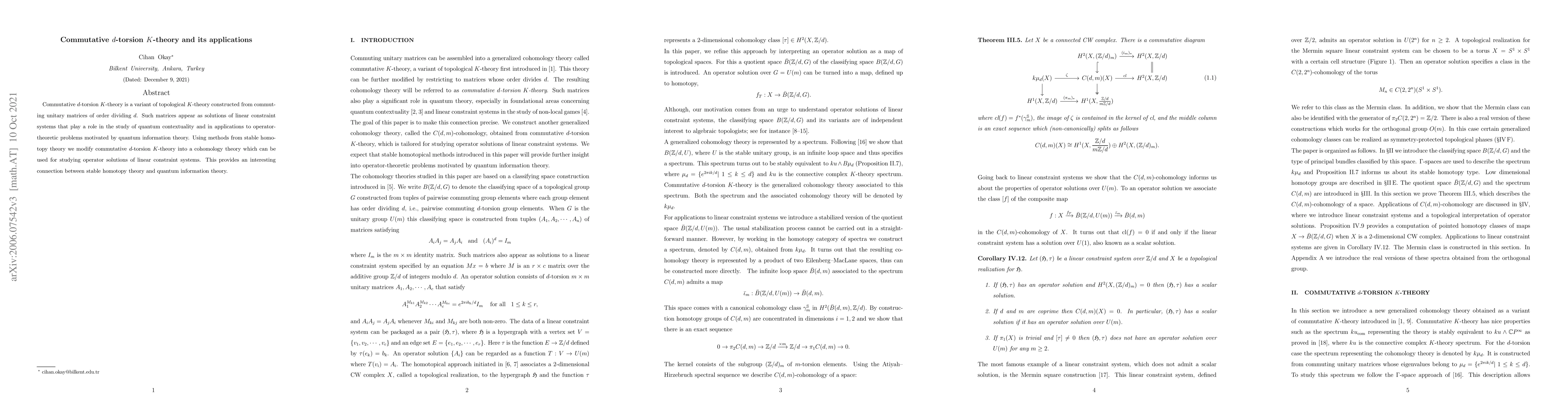 Thumbnail for Commutative d-Torsion K-Theory and Its Applications