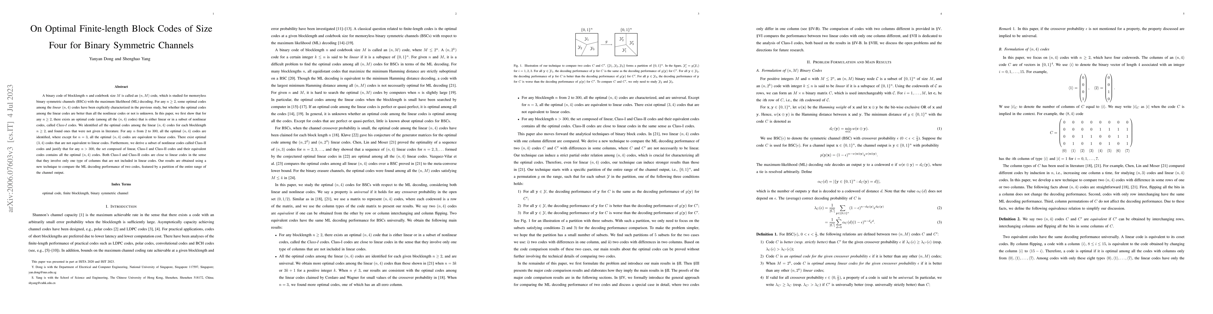 Thumbnail for On Optimal Finite-length Block Codes of Size Four for Binary Symmetric
  Channels