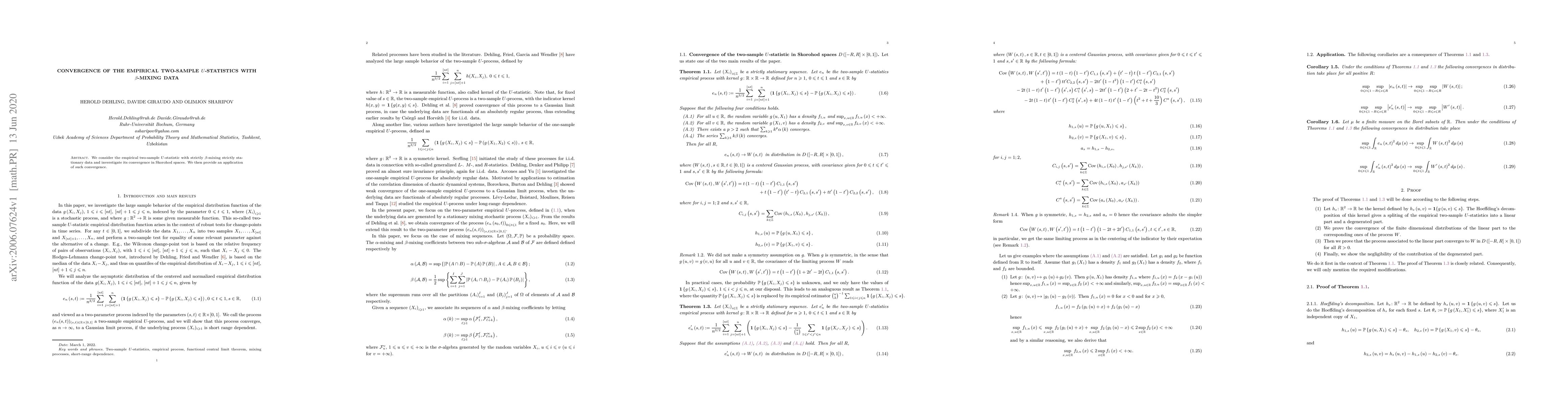 Thumbnail for Convergence of the empirical two-sample $U$-statistics with
  $\beta$-mixing data