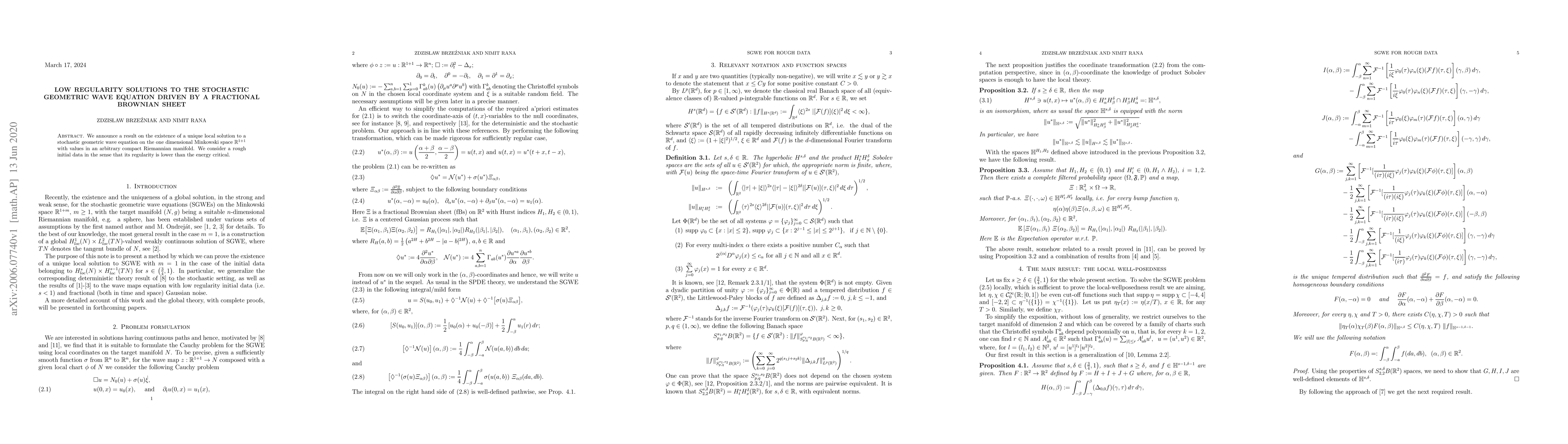 Thumbnail for Low regularity solutions to the stochastic geometric wave equation
  driven by a fractional Brownian sheet