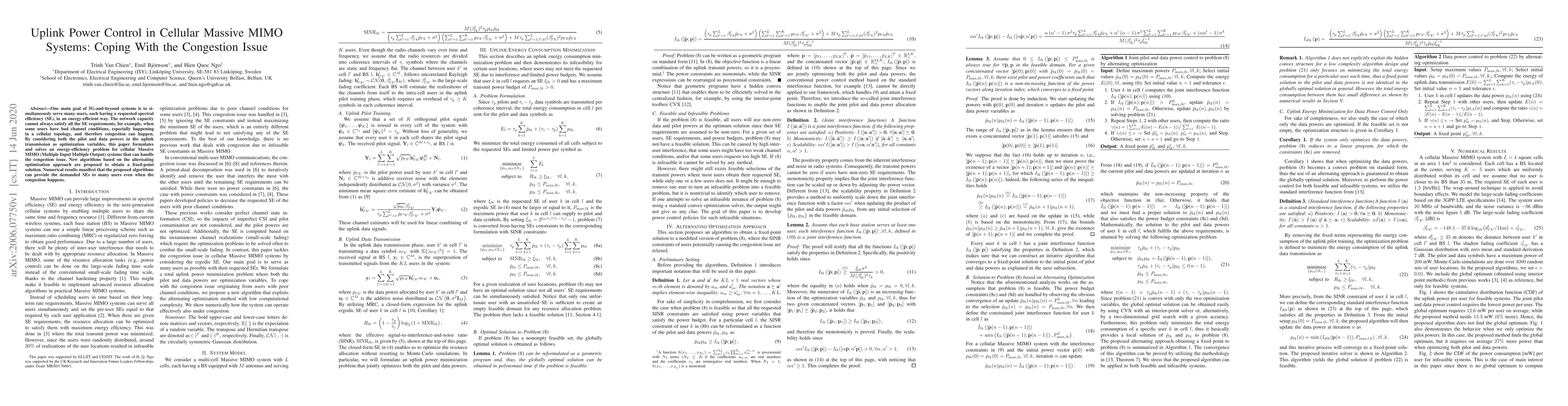 Thumbnail for Uplink Power Control in Cellular Massive MIMO Systems: Coping With the
  Congestion Issue