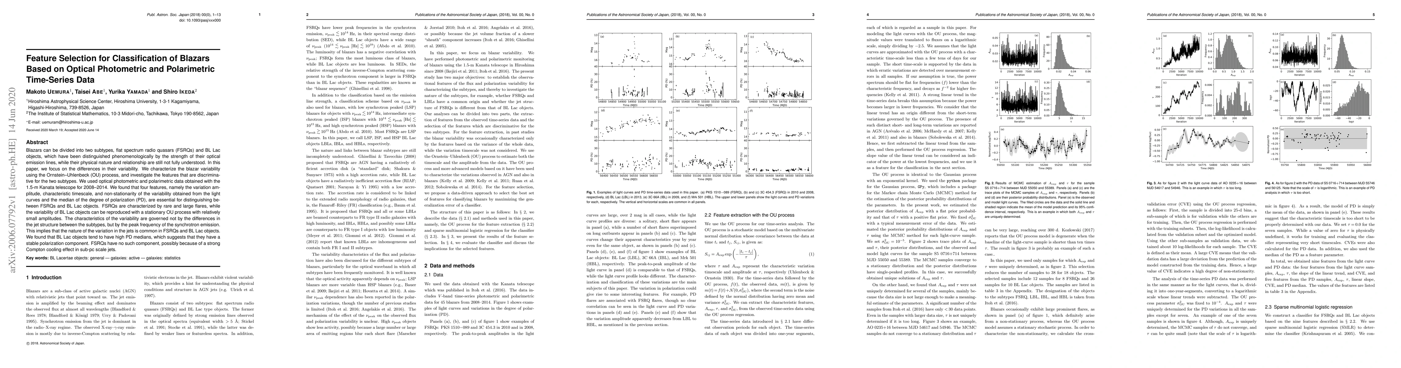 Thumbnail for Feature Selection for Classification of Blazars Based on Optical
  Photometric and Polarimetric Time-Series Data