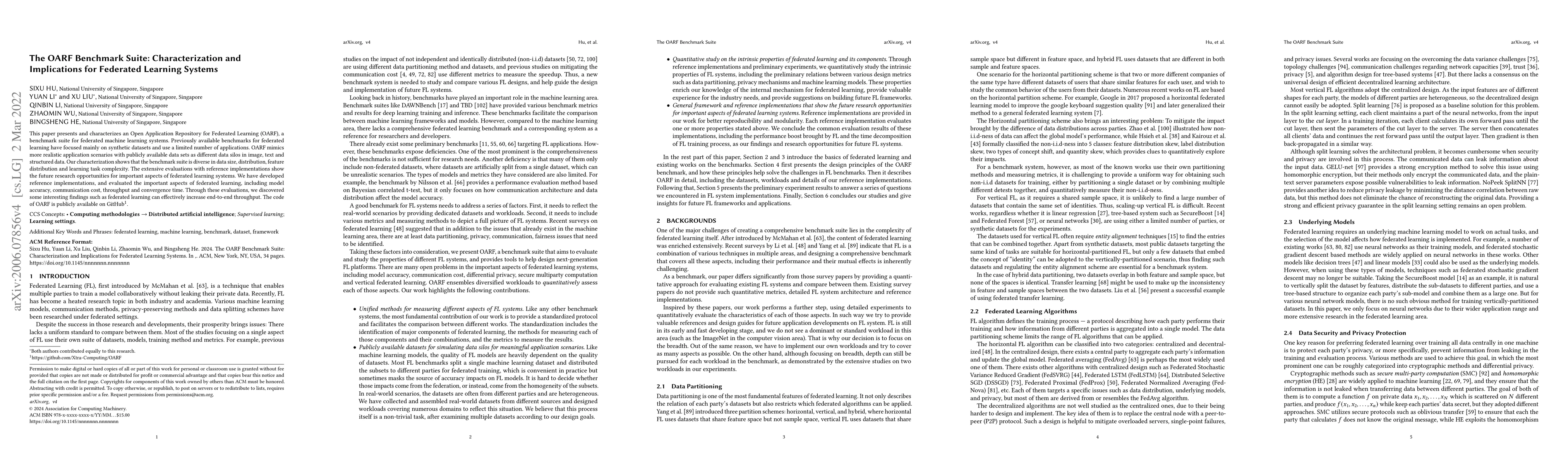 Thumbnail for The OARF Benchmark Suite: Characterization and Implications for
  Federated Learning Systems