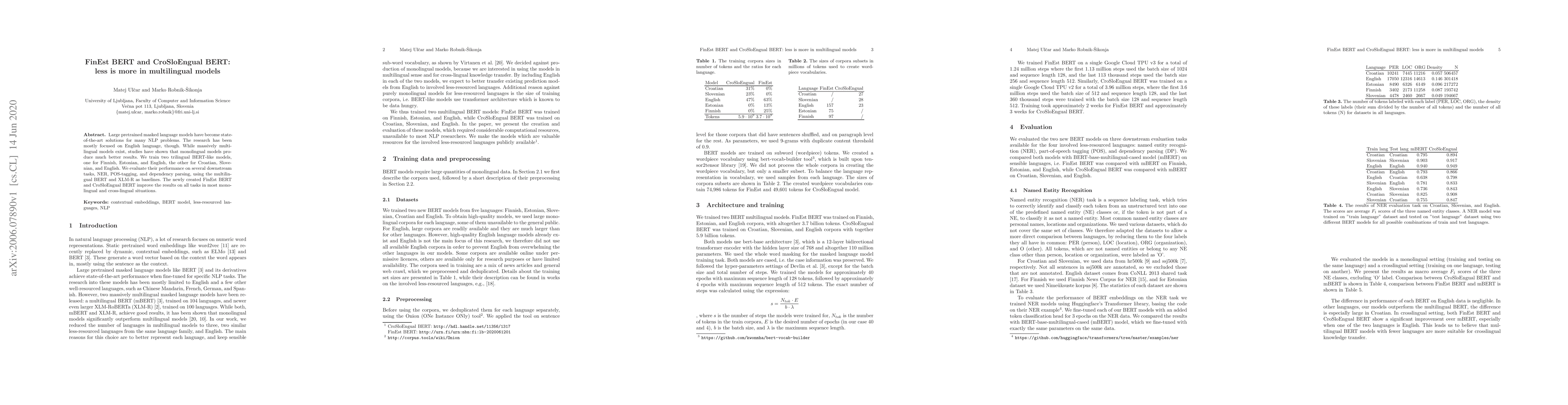 Thumbnail for FinEst BERT and CroSloEngual BERT: less is more in multilingual models