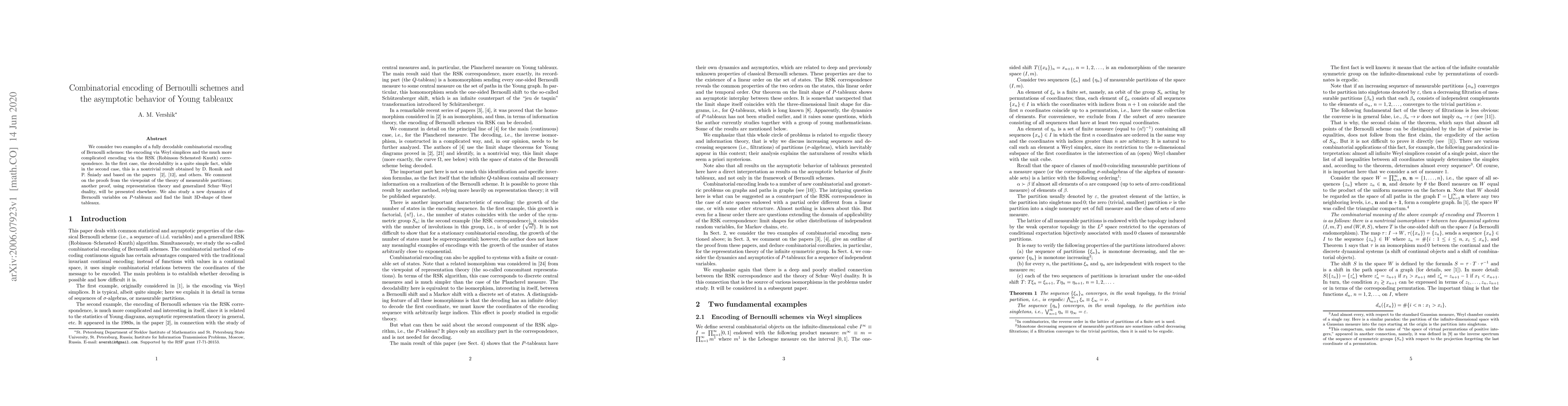 Thumbnail for Combinatorial encoding of Bernoulli schemes and the asymptotic behavior
  of Young tableaux