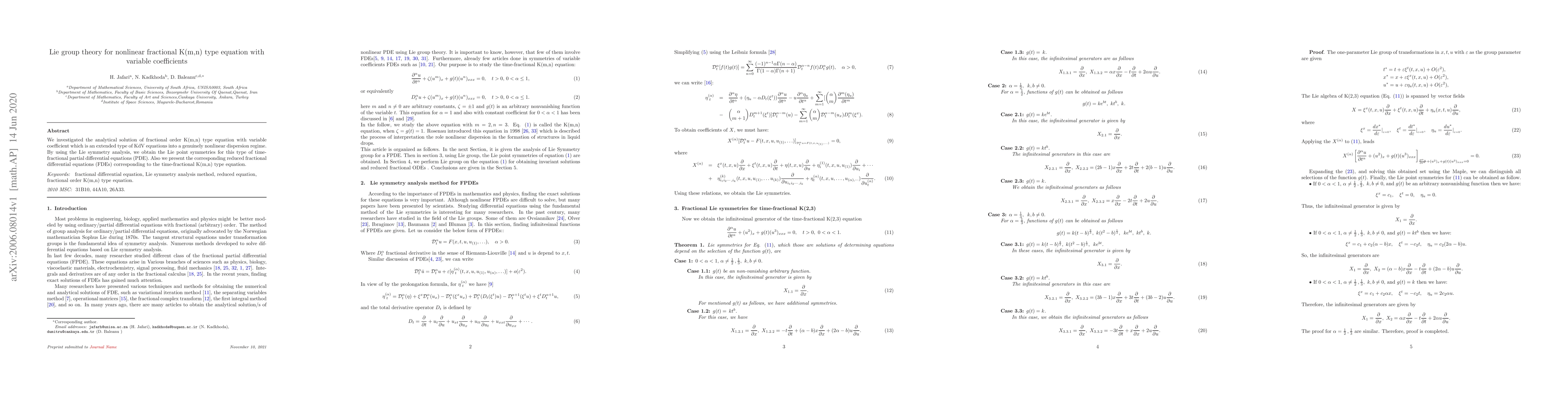 Thumbnail for Lie group theory for nonlinear fractional K(m,n) type equation with
  variable coefficients