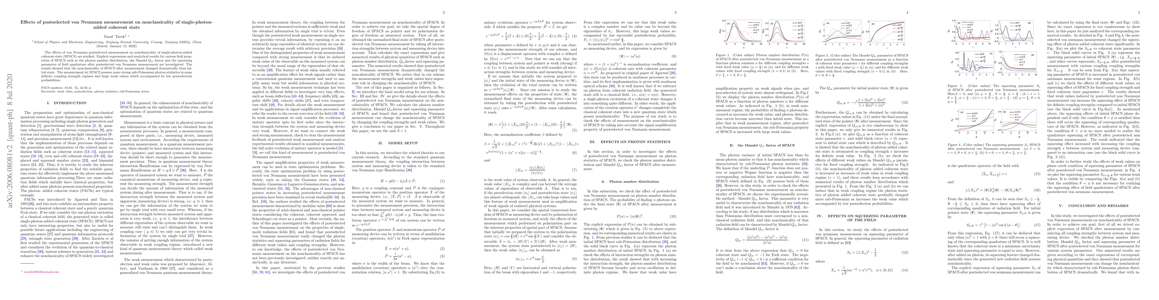 Thumbnail for Effects of postselected von Neumann measurement on nonclassicality of
  single-photon-added coherent state