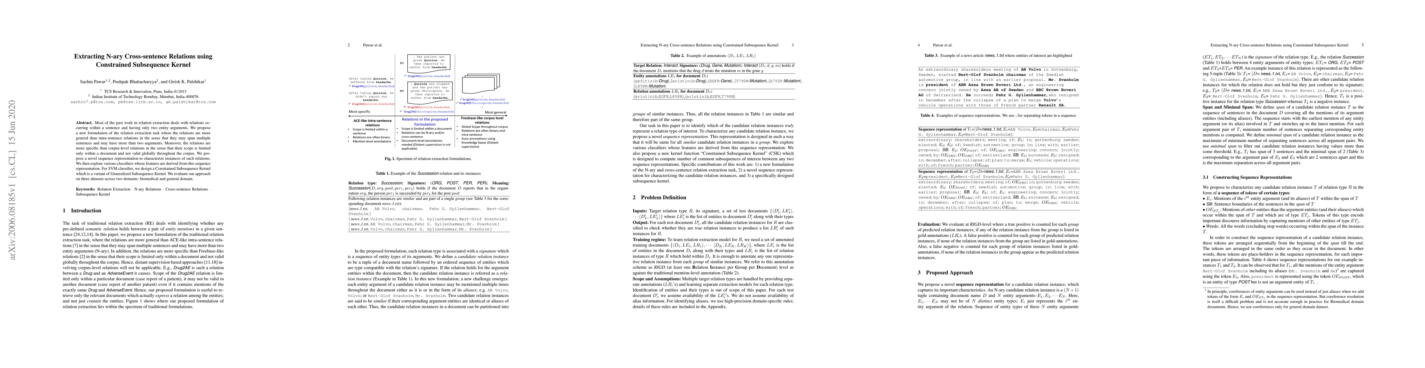 Thumbnail for Extracting N-ary Cross-sentence Relations using Constrained Subsequence
  Kernel