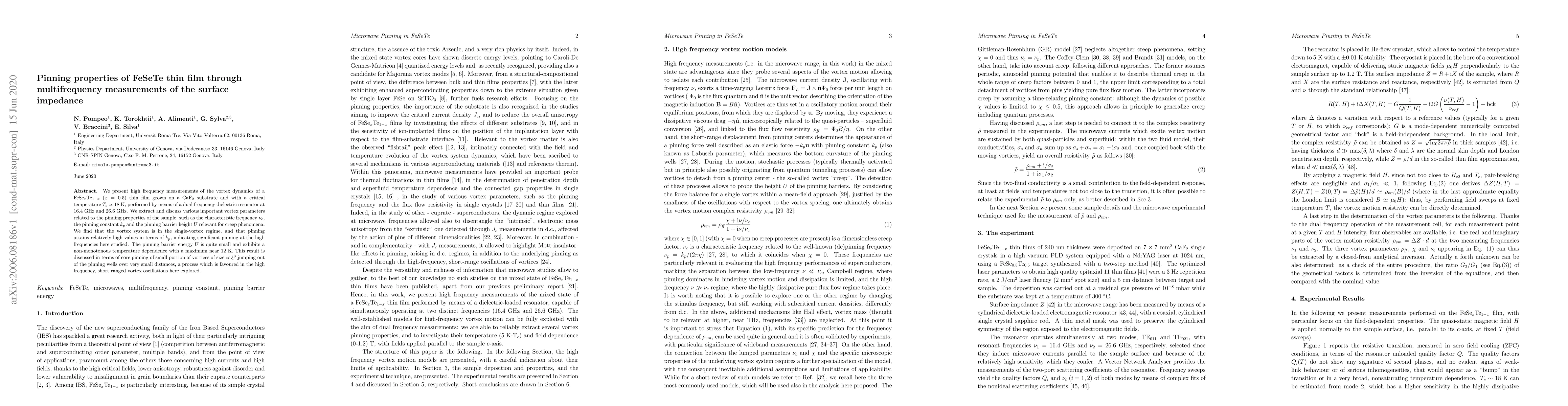 Thumbnail for Pinning properties of FeSeTe thin film through multifrequency
  measurements of the surface impedance