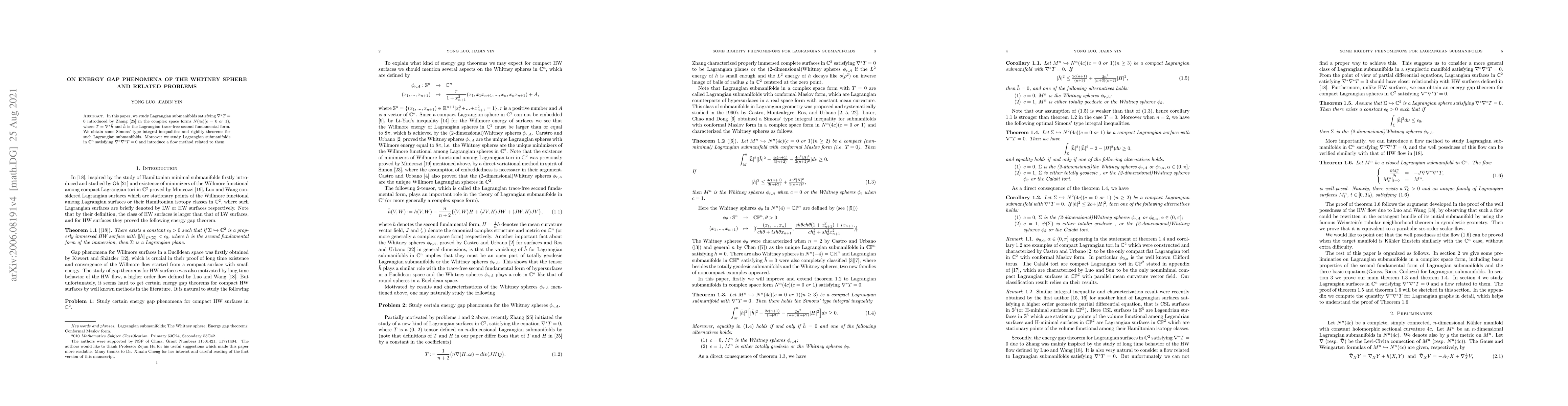 Thumbnail for On energy gap phenomena of the Whitney sphere and related problems