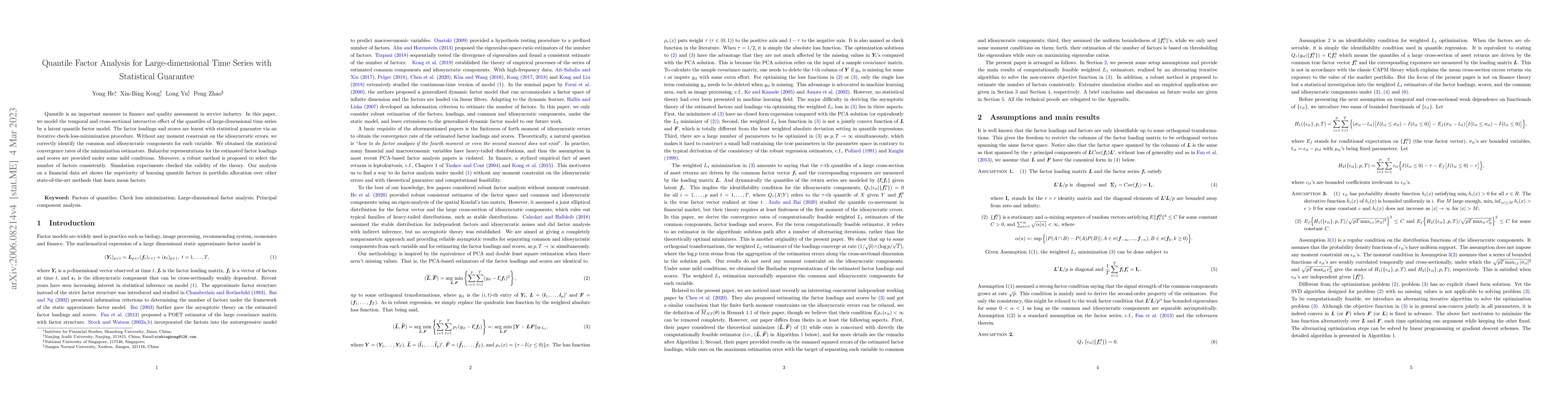 Thumbnail for Quantile factor analysis for large-dimensional time series with
  statistical guarantee