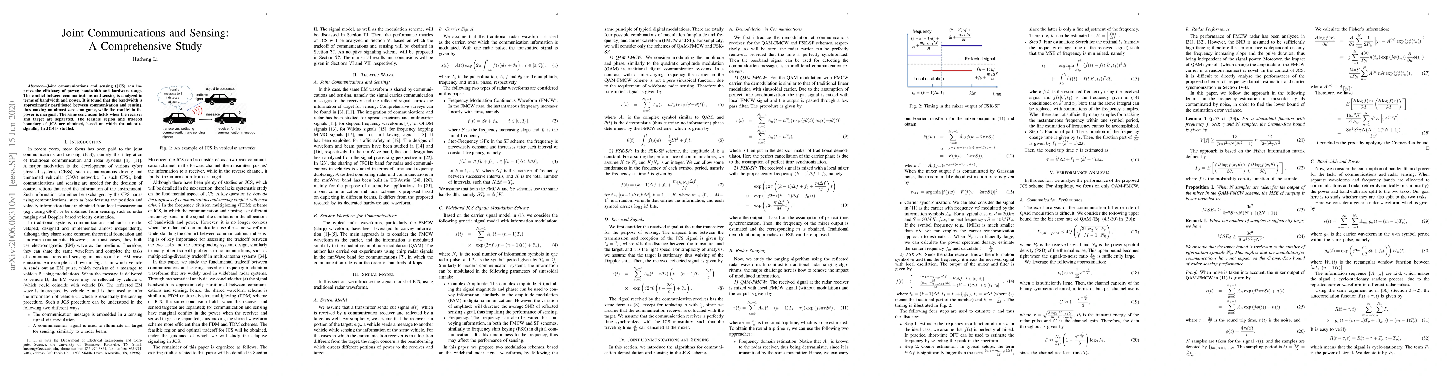 Thumbnail for Joint Communications and Sensing: A Comprehensive Study