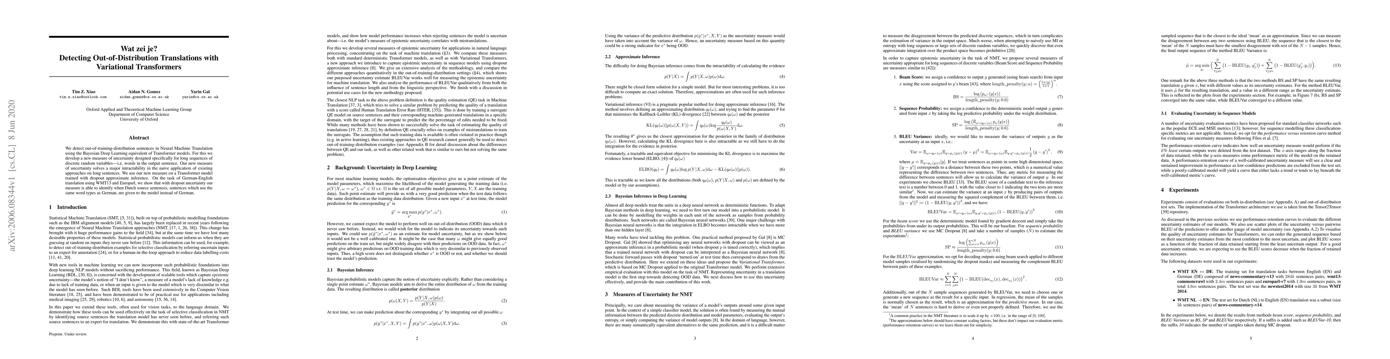 Thumbnail for Wat zei je? Detecting Out-of-Distribution Translations with Variational
  Transformers