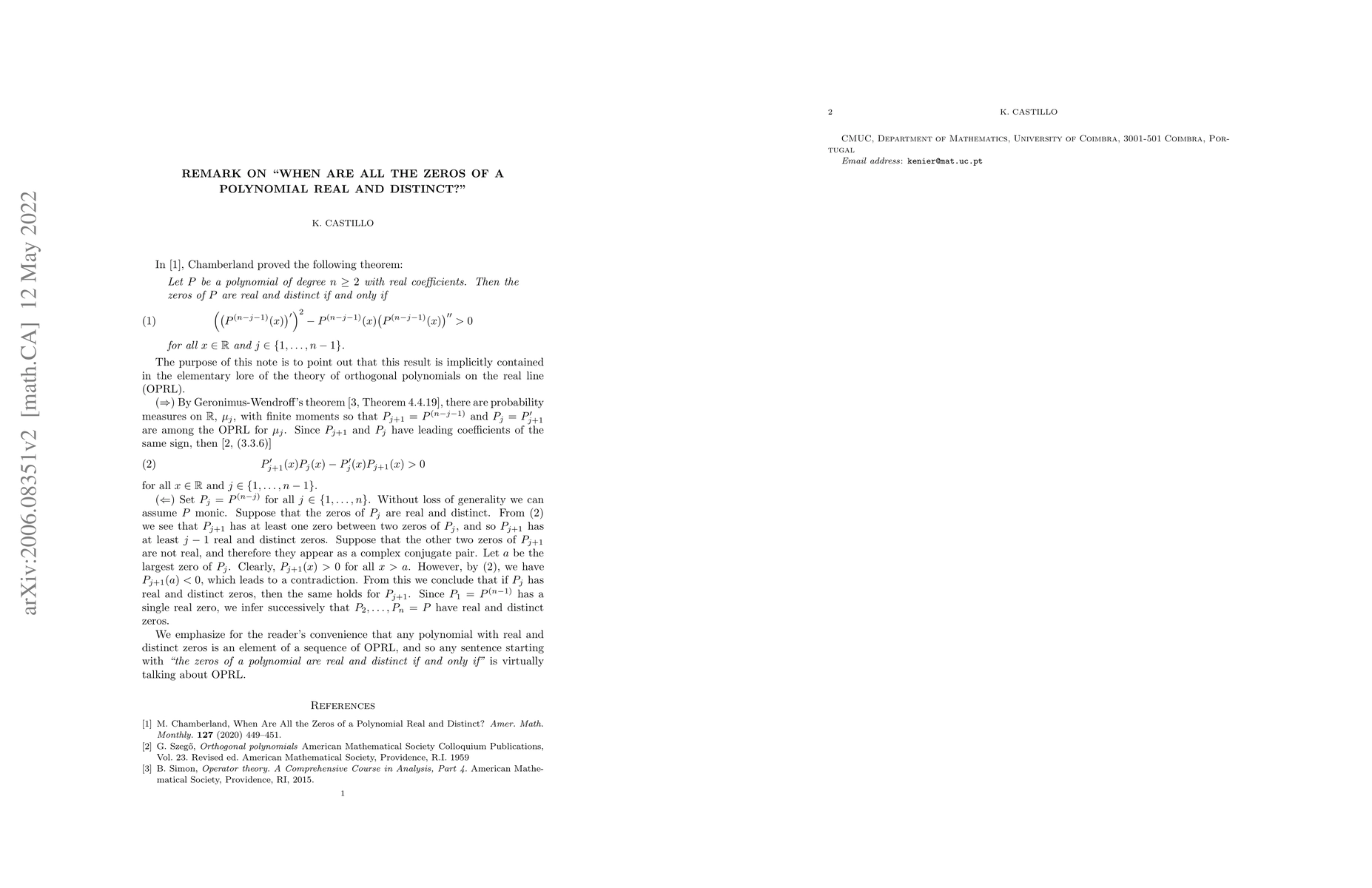 Thumbnail for Remark on "When Are All the Zeros of a Polynomial Real and Distinct?"