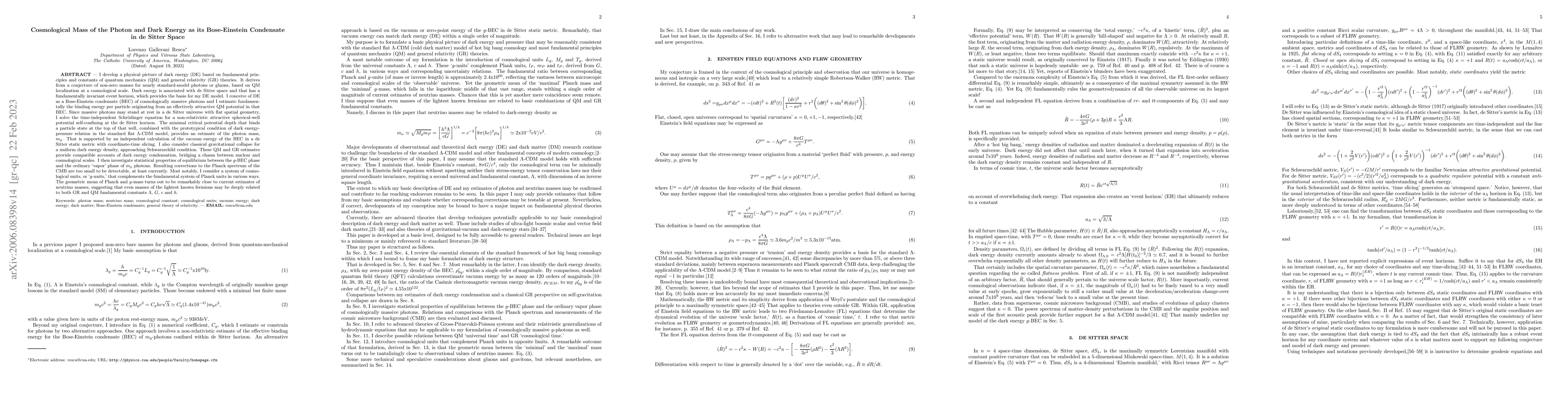 Thumbnail for Cosmological Mass of the Photon and Dark Energy as its Bose-Einstein
  Condensate in de Sitter Space