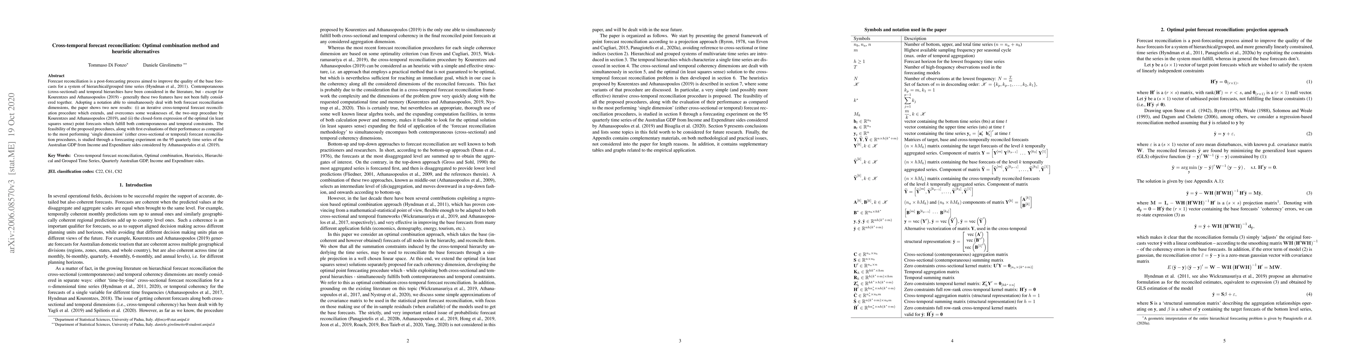 Thumbnail for Cross-temporal forecast reconciliation: Optimal combination method and
  heuristic alternatives