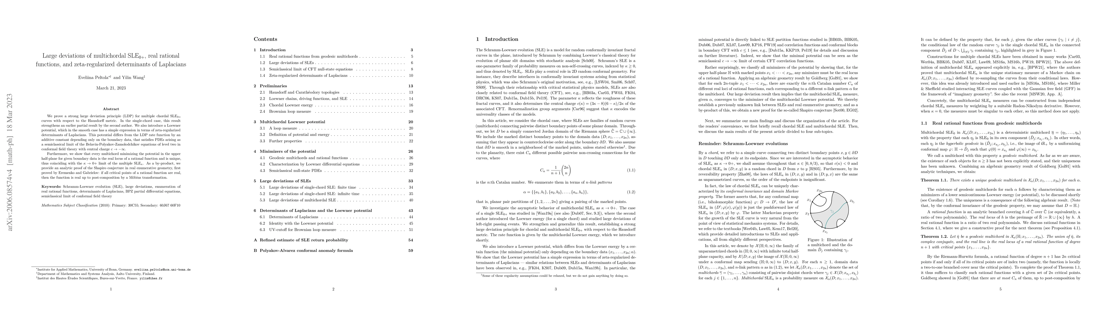 Thumbnail for Large deviations of multichordal SLE$_{0+}$, real rational functions,
  and zeta-regularized determinants of Laplacians