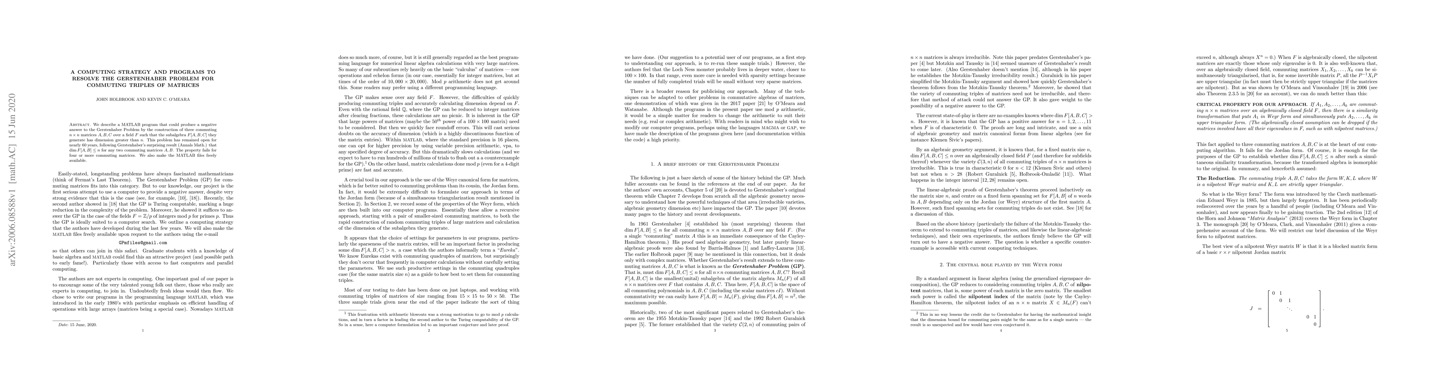 Thumbnail for A computing strategy and programs to resolve the Gerstenhaber Problem
  for commuting triples of matrices