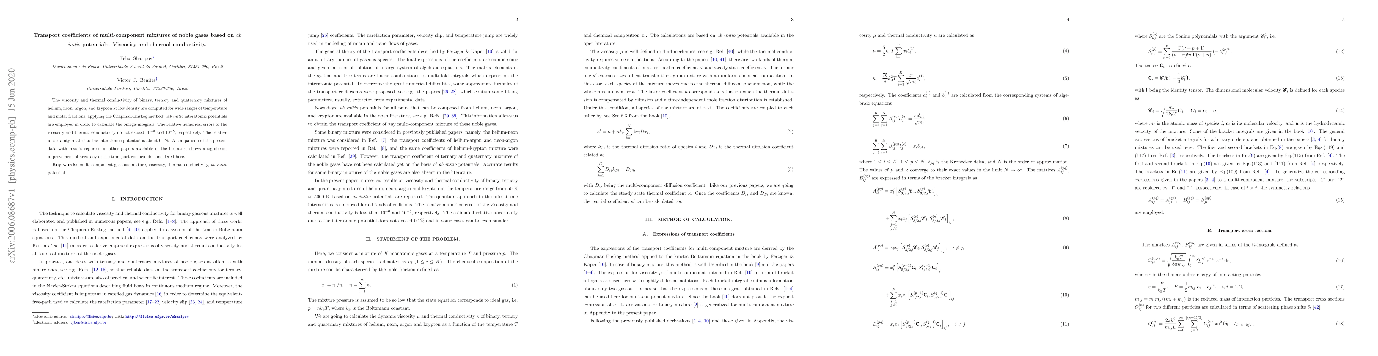 Thumbnail for Transport coefficients of multi-component mixtures of noble gases based
  on ab initio potentials. Viscosity and thermal conductivity