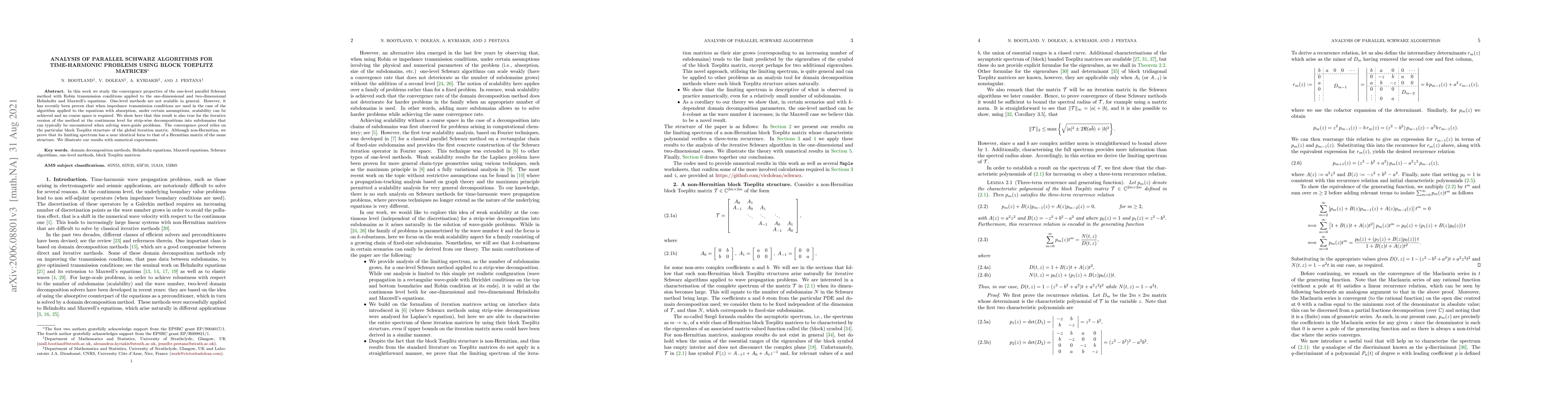 Thumbnail for Analysis of parallel Schwarz algorithms for time-harmonic problems using
  block Toeplitz matrices