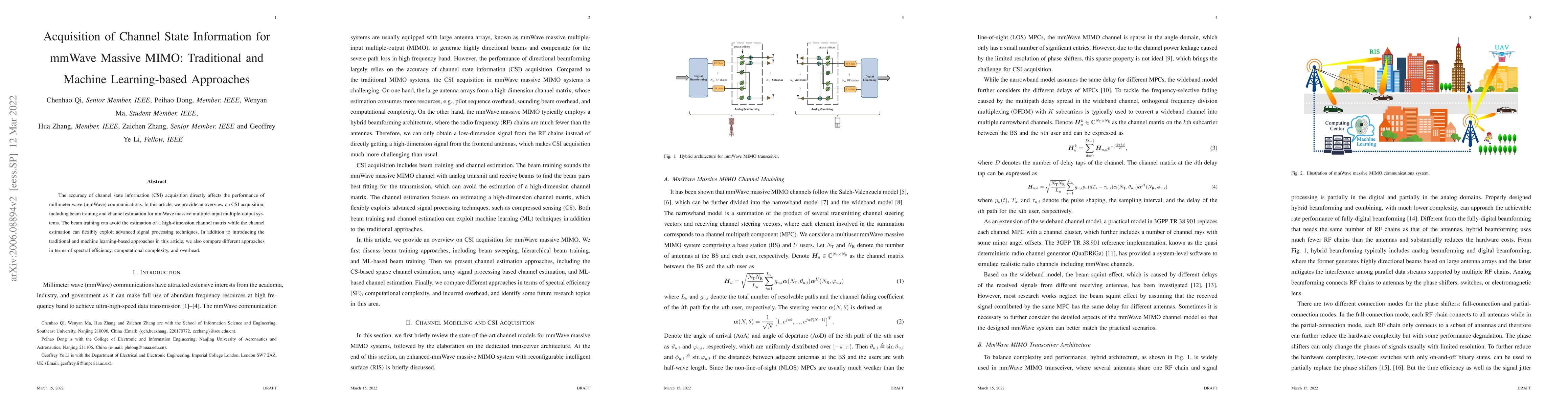 Thumbnail for Acquisition of Channel State Information for mmWave Massive MIMO:
  Traditional and Machine Learning-based Approaches