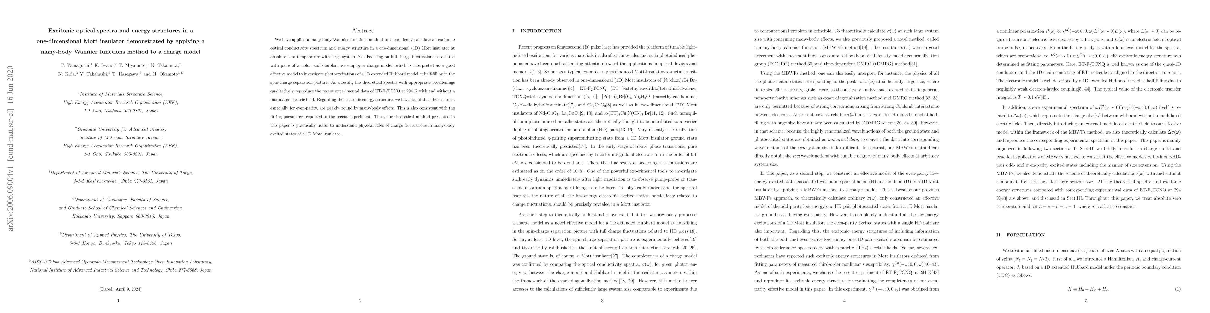 Thumbnail for Excitonic optical spectra and energy structures in a one-dimensional
  Mott insulator demonstrated by applying a many-body Wannier functions method
  to a charge model