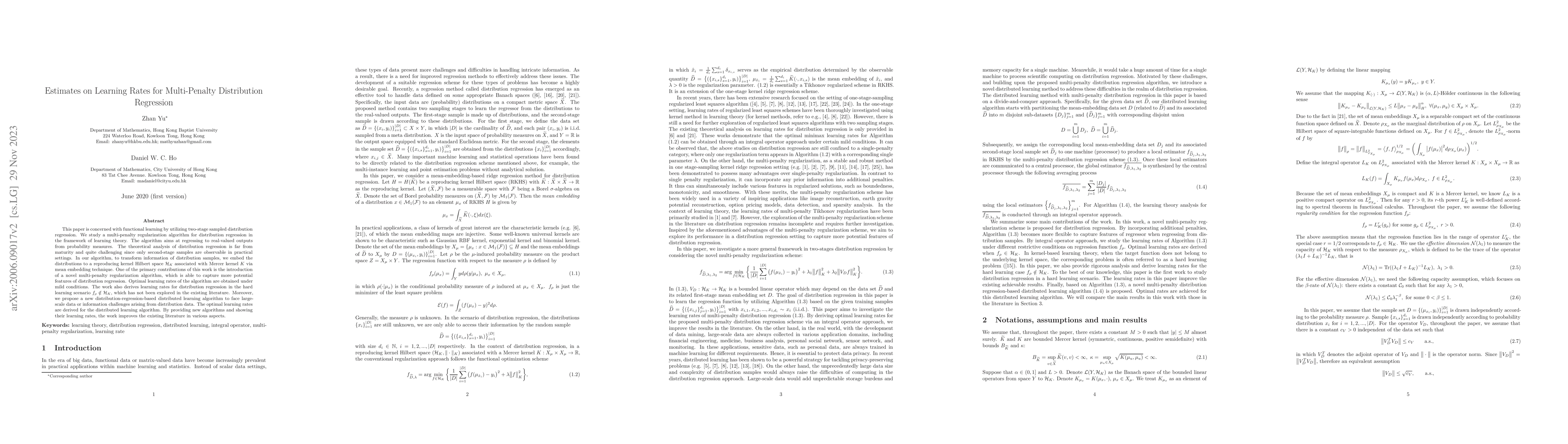Thumbnail for Estimates on Learning Rates for Multi-Penalty Distribution Regression