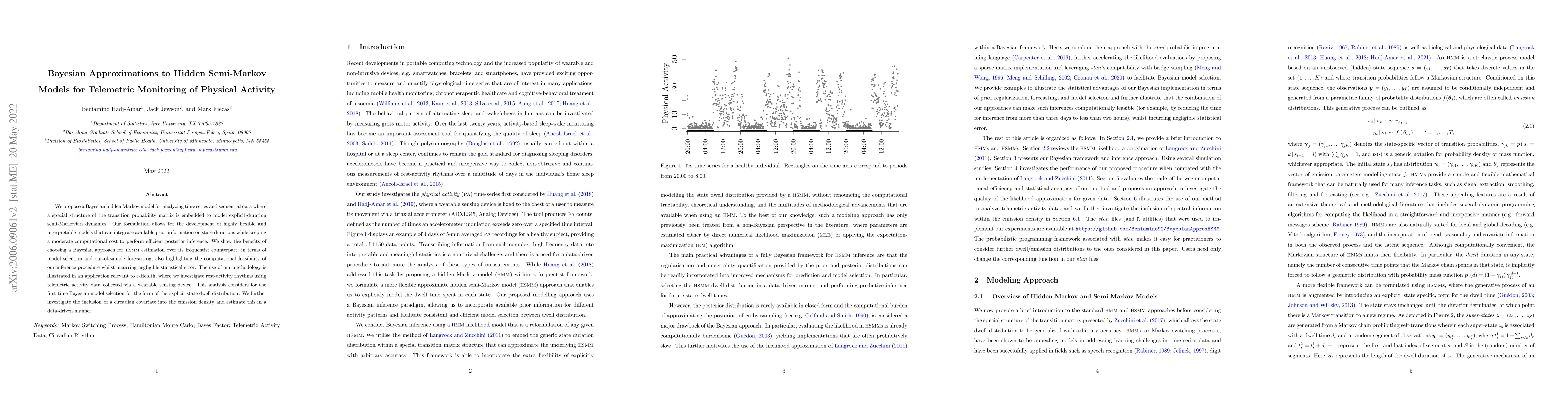 Thumbnail for Bayesian Approximations to Hidden Semi-Markov Models for Telemetric
  Monitoring of Physical Activity