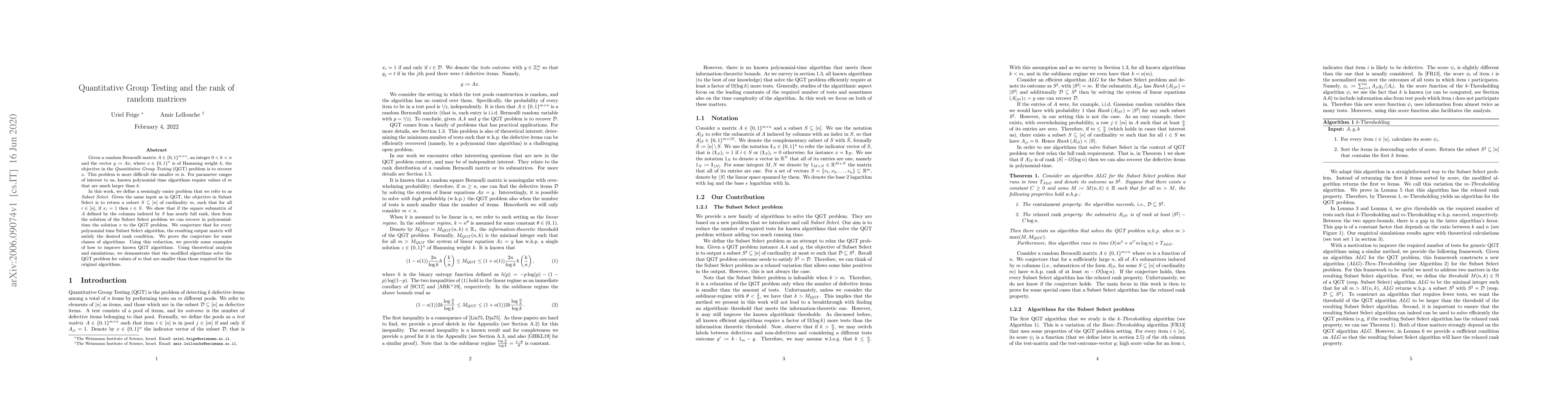 Thumbnail for Quantitative Group Testing and the rank of random matrices