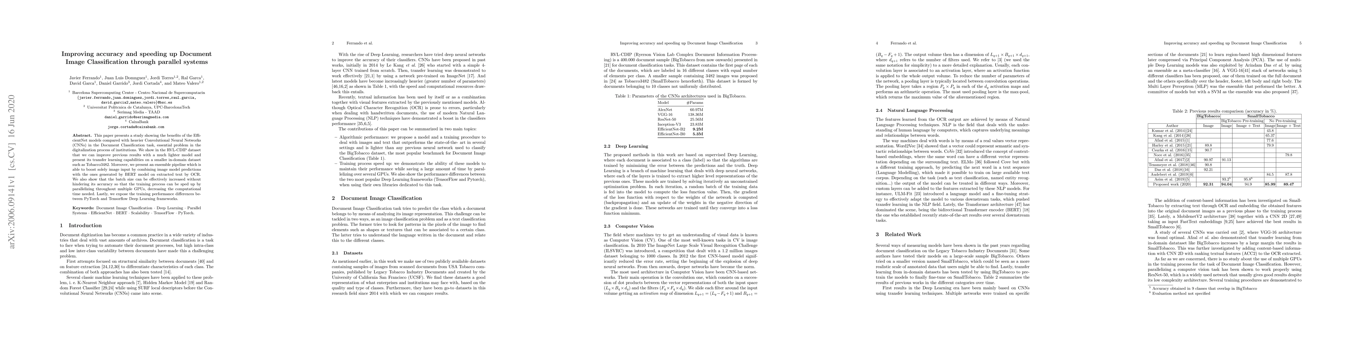 Thumbnail for Improving accuracy and speeding up Document Image Classification through
  parallel systems