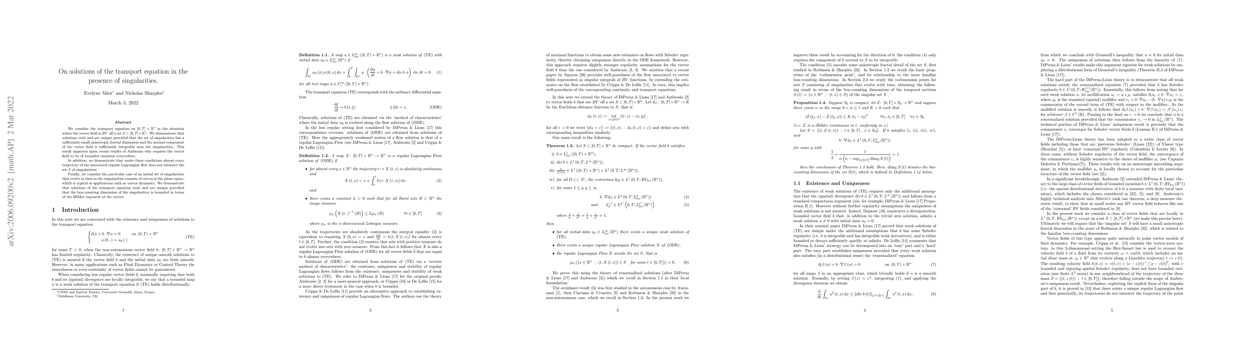 Thumbnail for On solutions of the transport equation in the presence of singularities