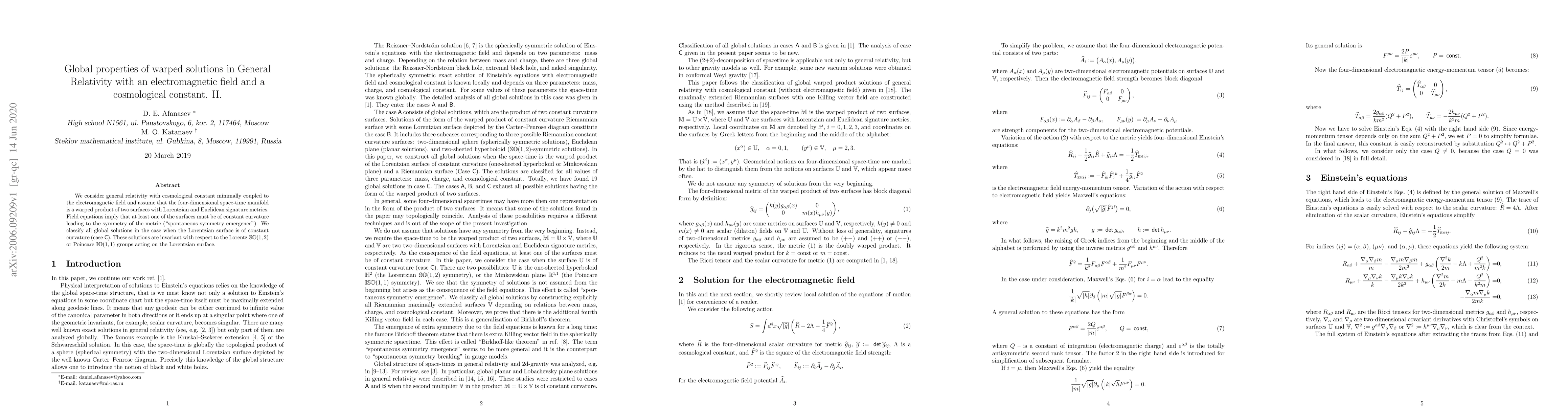 Thumbnail for Global properties of warped solutions in General Relativity with an
  electromagnetic field and a cosmological constant. II