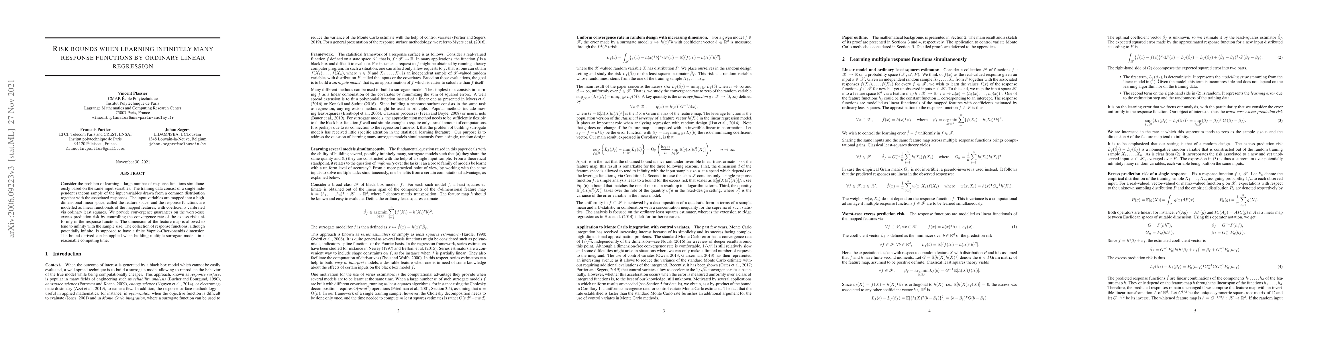 Thumbnail for Risk bounds when learning infinitely many response functions by ordinary
  linear regression