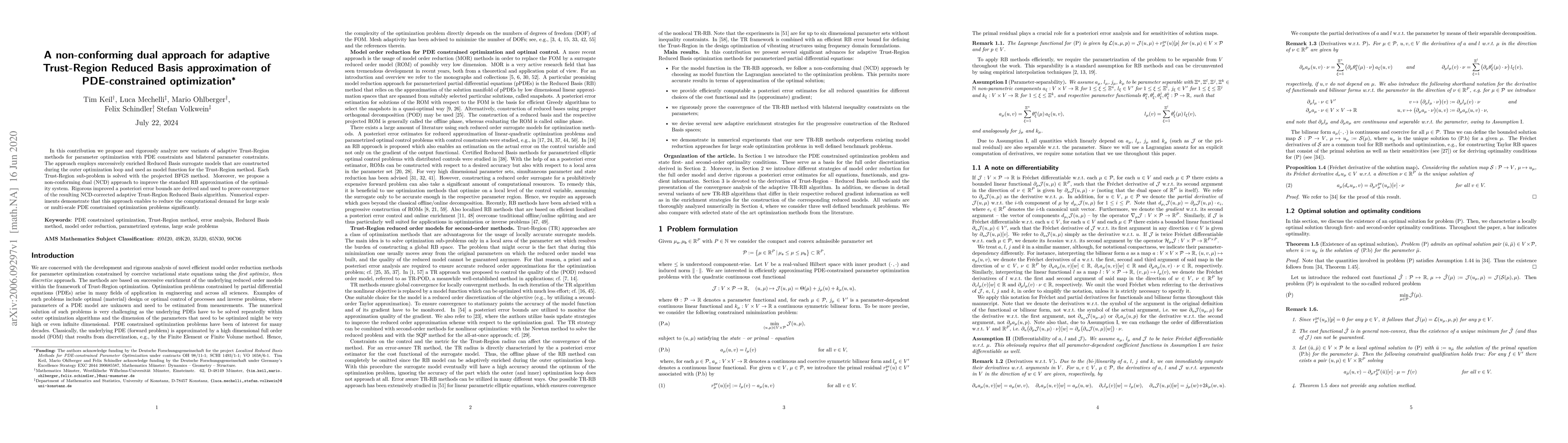 Thumbnail for A non-conforming dual approach for adaptive Trust-Region Reduced Basis
  approximation of PDE-constrained optimization