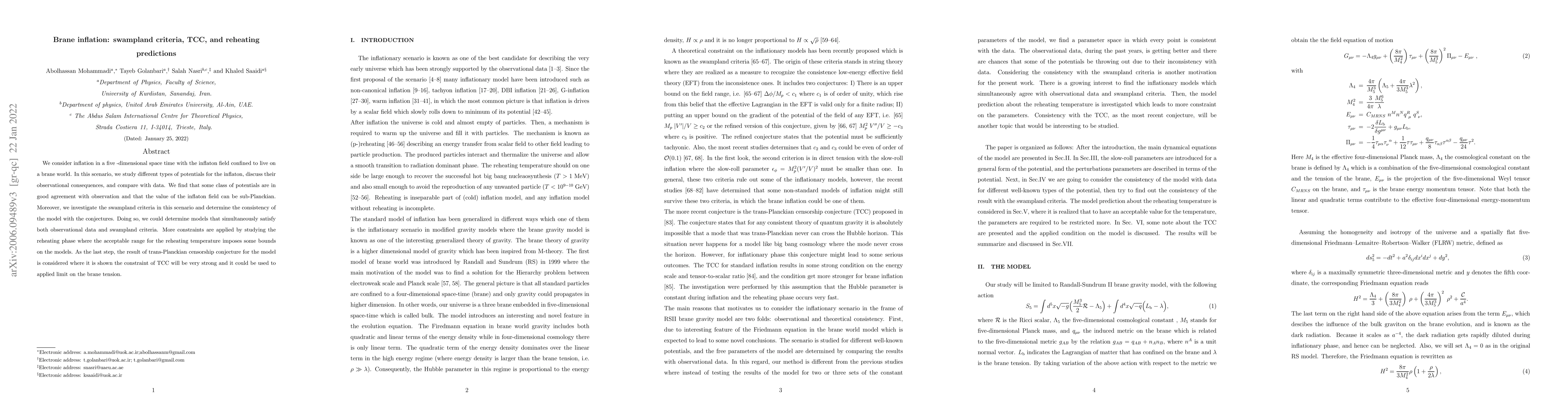 Thumbnail for Brane inflation: swampland criteria, TCC, and reheating predictions