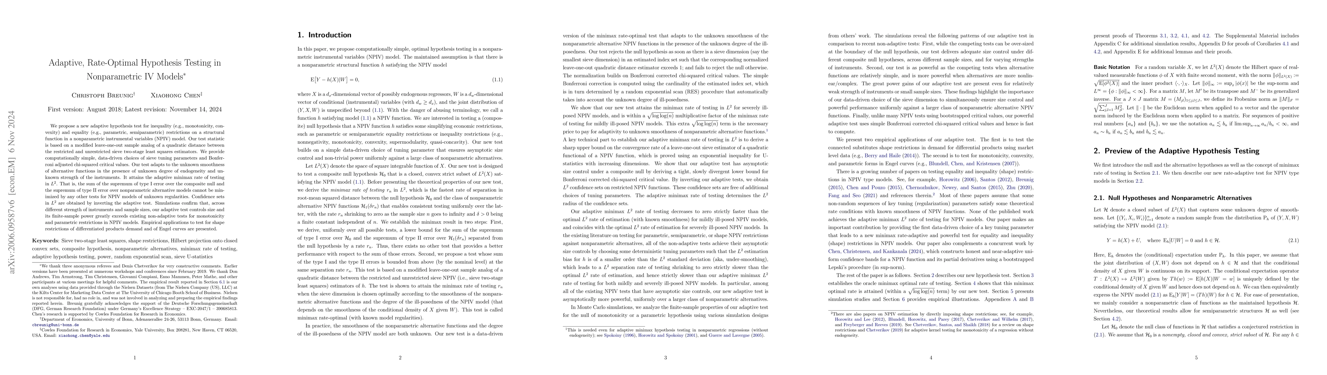 Thumbnail for Adaptive, Rate-Optimal Hypothesis Testing in Nonparametric IV Models