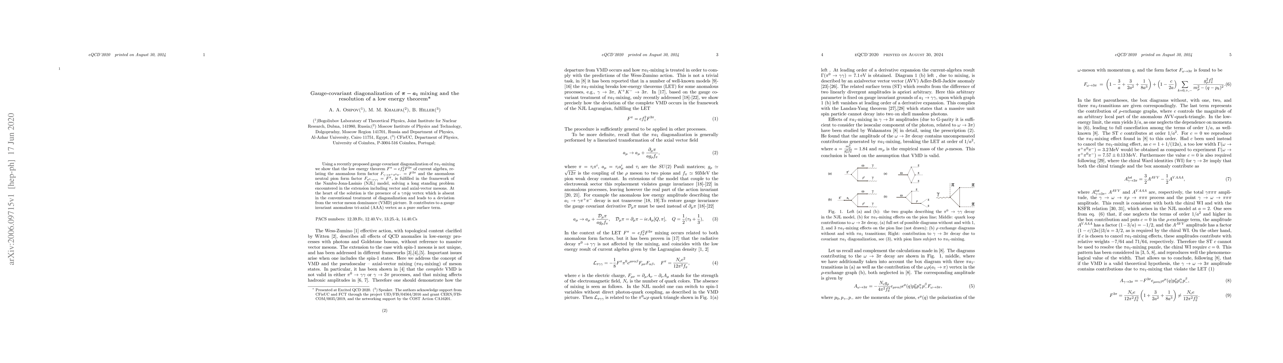 Thumbnail for Gauge-covariant diagonalization of $\pi$-$a_1$ mixing and the resolution
  of a low energy theorem