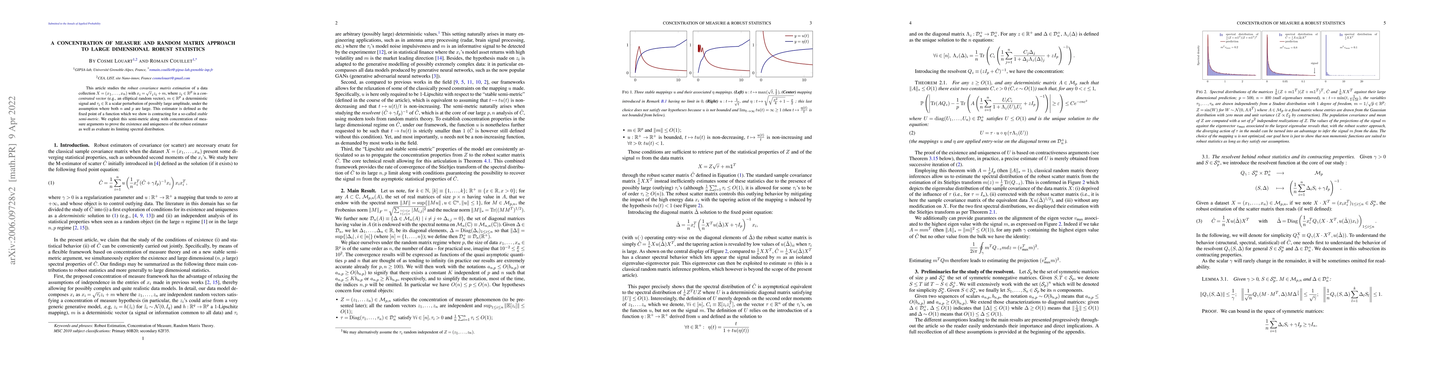 Thumbnail for A Concentration of Measure and Random Matrix Approach to Large
  Dimensional Robust Statistics