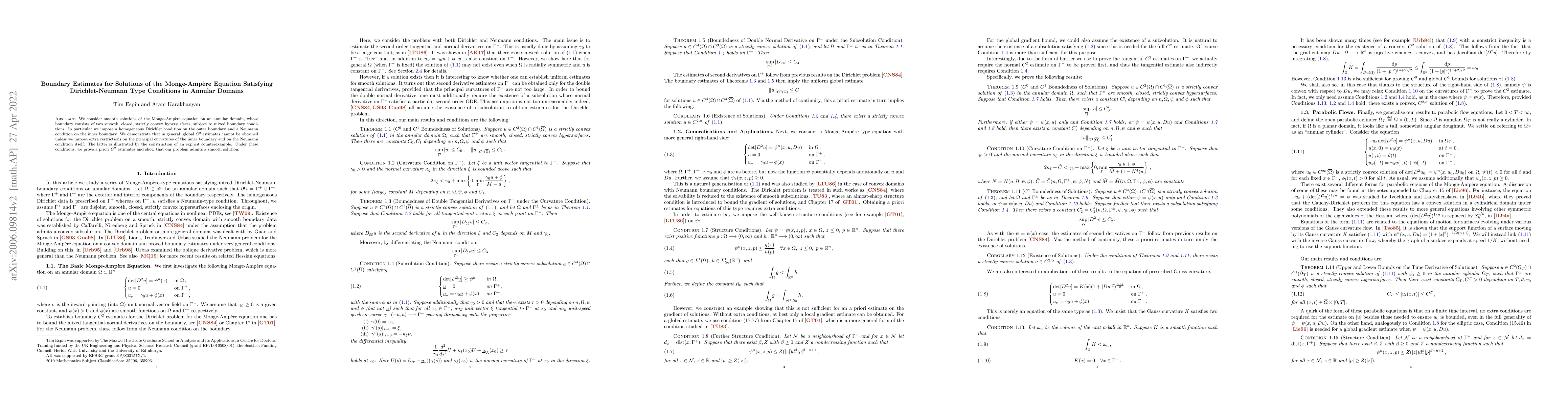 Thumbnail for Boundary Estimates for solutions of the Monge-Ampere equation satisfying
  Dirichlet-Neumann type conditions in annular domains
