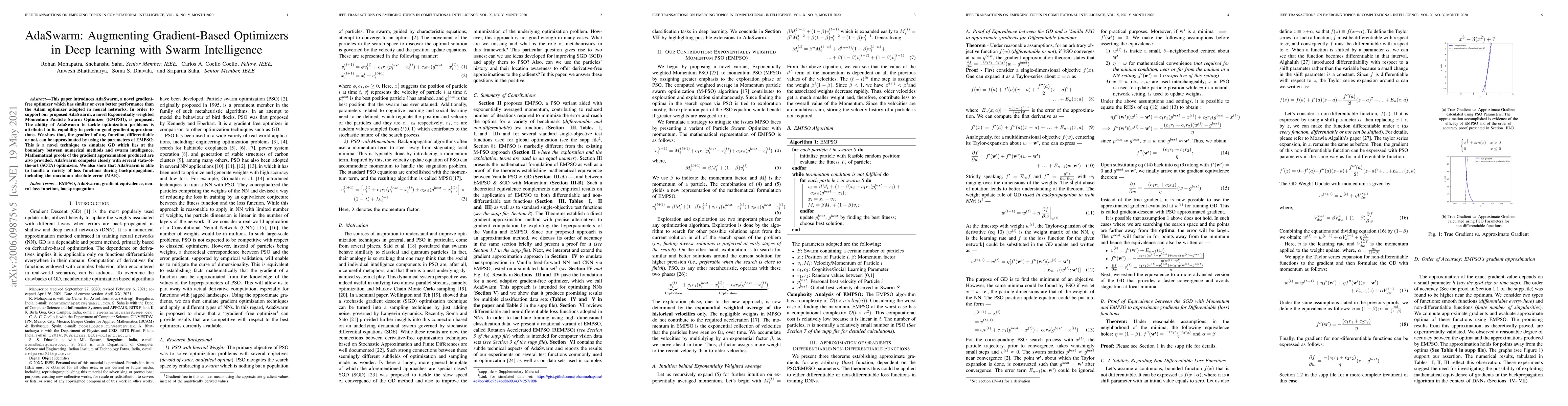Thumbnail for AdaSwarm: Augmenting Gradient-Based optimizers in Deep Learning with
  Swarm Intelligence
