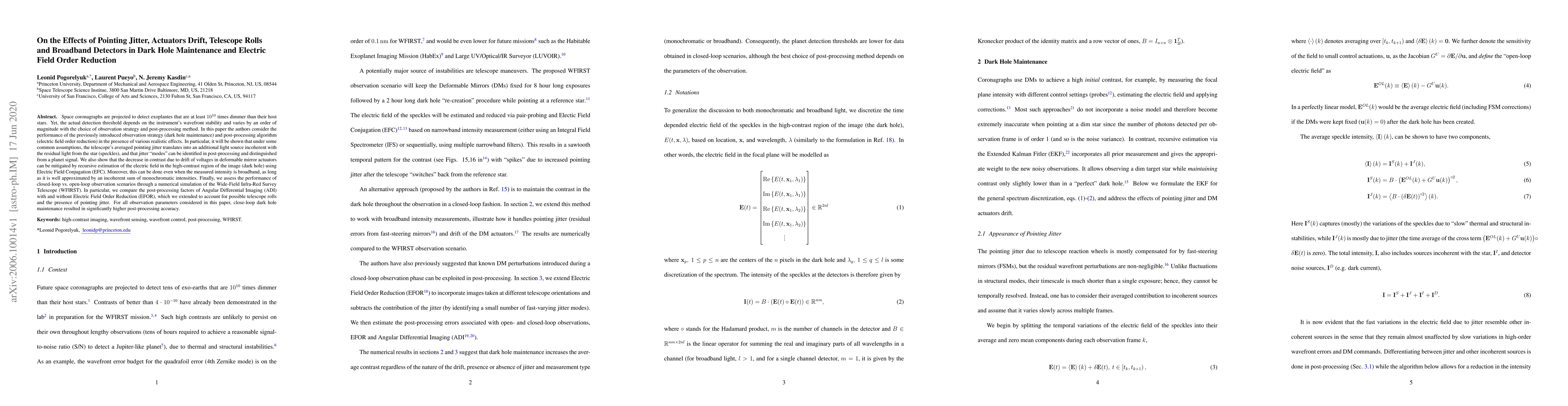 Thumbnail for On the Effects of Pointing Jitter, Actuators Drift, Telescope Rolls and
  Broadband Detectors in Dark Hole Maintenance and Electric Field Order
  Reduction