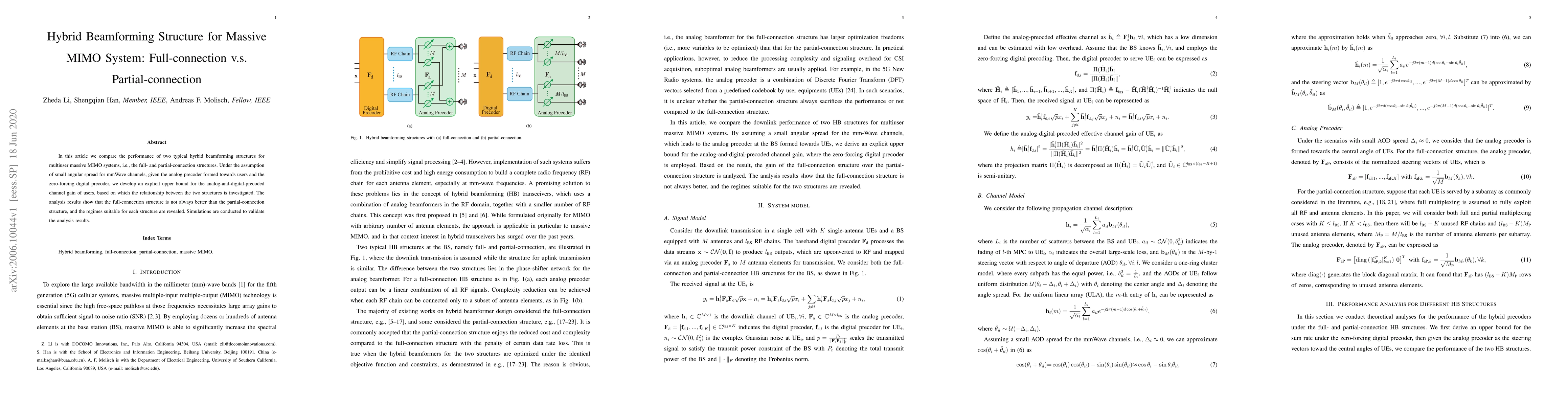 Thumbnail for Hybrid Beamforming Structure for Massive MIMO System: Full-connection
  v.s. Partial-connection