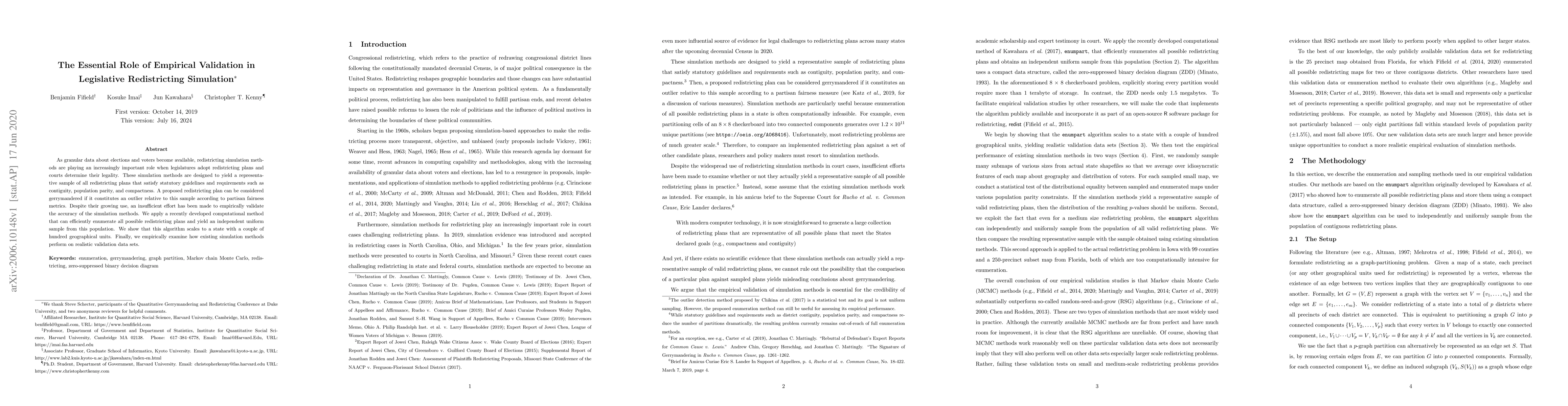 Thumbnail for The Essential Role of Empirical Validation in Legislative Redistricting
  Simulation